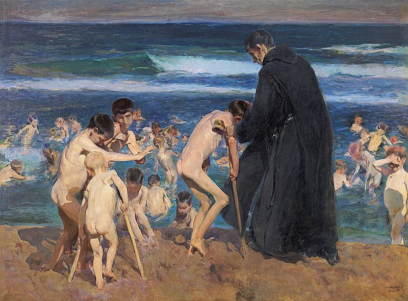 Painting of disabled children being helped by a priest to enter the sea.