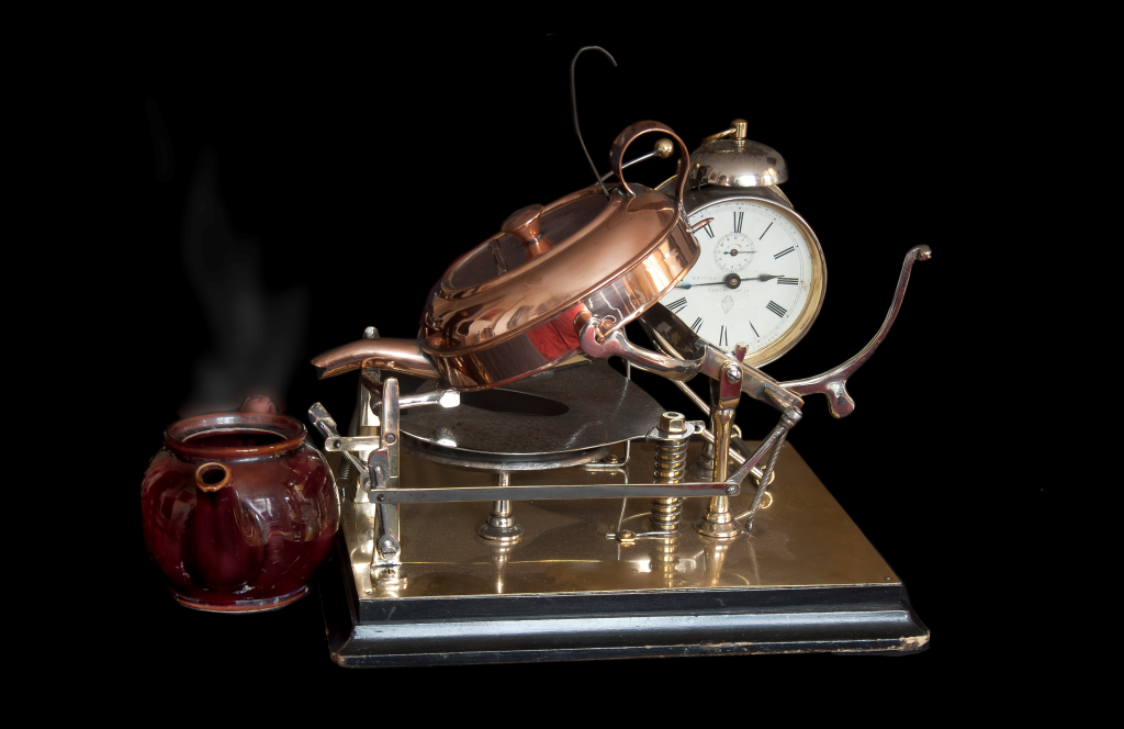 Clockwork Teasmade with alarm clock and copper kettle